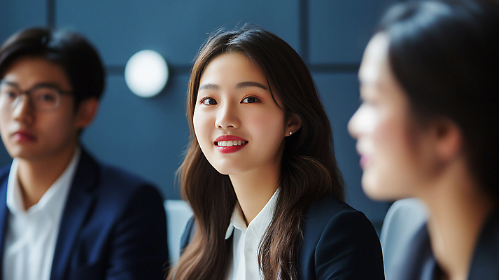 JPG 편집이미지 응시 여자 남자 커뮤니케이션 미소 정장 상반신 성인 세명 집중 프레젠테이션 의료성형뷰티 성인만 편집실사 AI인물포토 AI콘텐츠 시선 옷 컨셉 표정 사람 CG 파일형식 AI포토