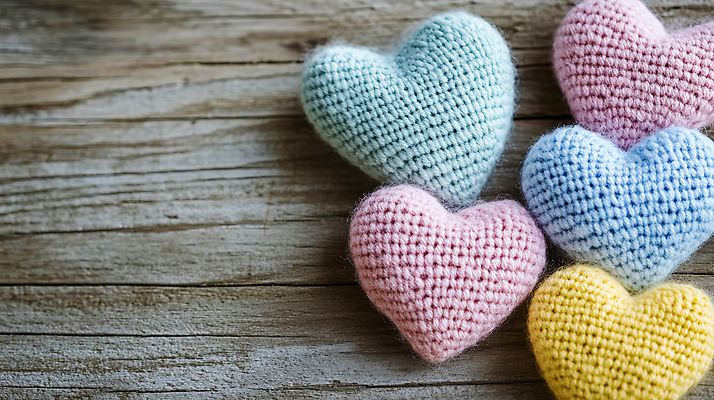 JPG 편집이미지 사랑 사람없음 컬러풀 여러개 하트 니트 나무바닥 감성 핸드메이드 편집실사 AI포토 AI콘텐츠 모양 감정 컬러 다수 컨셉 상의 바닥 CG 파일형식