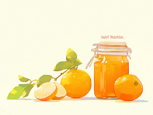 PSD 잎 일러스트 유리병 귤 사람없음 주황색 신선 달콤 잼 국내일러스트 식물 컬러 과일 병_용기 소스_음식 맛 파일형식