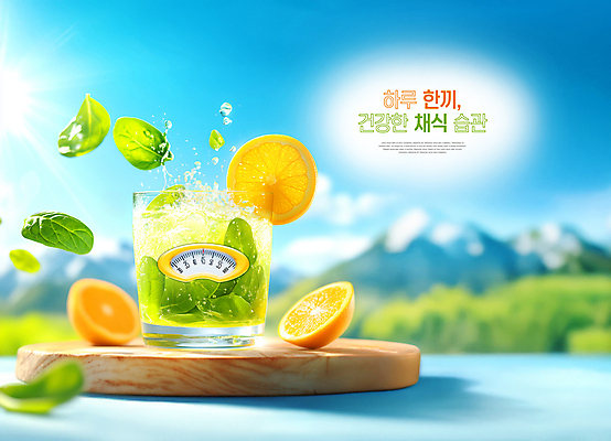 PSD 편집이미지 하늘색 잎 채소 오렌지 식탁 단면 산 건강 사람없음 야채주스 몸무게 채식 체중계 노력 습관 스플래쉬 이미지편집 식물 과일 탁자 파란색 주스 파일형식