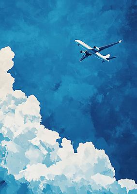 JPG 구름 편집이미지 행복 여행 하늘 비행기 사람없음 파란색 유화 편집실사 자연요소 감정 컬러 항공교통 대중교통 미술 CG 파일형식