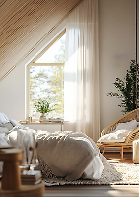 JPG 식물 편집이미지 화분 의자 창문 실내 따뜻함 사람없음 인테리어 햇빛 방 침대 커튼 플러그 편안함 북유럽인테리어 편집실사 AI포토 AI콘텐츠 디자인 가구 북유럽스타일 내부 태양 감각 CG 파일형식