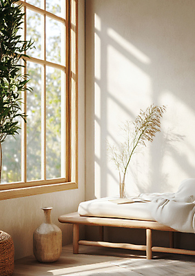 JPG 식물 편집이미지 실내 따뜻함 사람없음 인테리어 햇빛 꽃병 방 침대 도자기 편안함 나무창틀 북유럽인테리어 편집실사 AI포토 AI콘텐츠 디자인 꽃 가구 북유럽스타일 내부 태양 감각 CG 창틀 파일형식