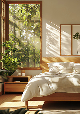 JPG 나무 식물 편집이미지 화분 액자 창문 실내 따뜻함 사람없음 인테리어 햇빛 방 침대 편안함 서랍장 몬스테라 북유럽인테리어 편집실사 AI포토 AI콘텐츠 디자인 가구 북유럽스타일 내부 태양 감각 CG 파일형식