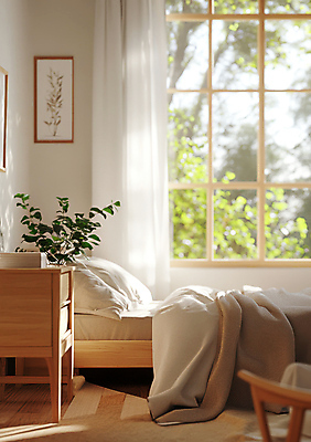 JPG 식물 편집이미지 액자 실내 따뜻함 사람없음 인테리어 햇빛 이불 방 침대 커튼 편안함 서랍장 창틀 북유럽인테리어 편집실사 AI포토 AI콘텐츠 디자인 가구 창문 침구 북유럽스타일 내부 태양 감각 CG 파일형식