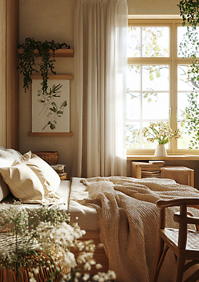 JPG 편집이미지 꽃 화분 의자 선반 실내 따뜻함 사람없음 인테리어 햇빛 이불 방 침대 커튼 덩굴 편안함 그림 창틀 북유럽인테리어 편집실사 AI포토 AI콘텐츠 식물 디자인 가구 창문 침구 북유럽스타일 내부 태양 감각 CG 파일형식