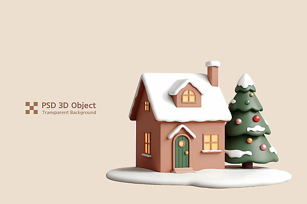 PSD 나무 편집이미지 크리스마스 주택 사람없음 3D 베이지색 쌓인눈 엘리먼트 편집3D 식물 기념일 컬러 건물 디지털합성 파일형식