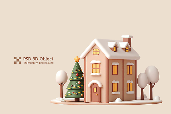 PSD 나무 편집이미지 크리스마스 주택 사람없음 크리스마스트리 3D 베이지색 쌓인눈 엘리먼트 편집3D 식물 기념일 컬러 건물 디지털합성 파일형식