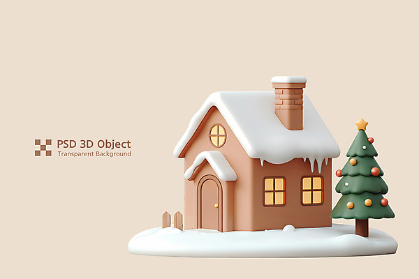 PSD 나무 편집이미지 크리스마스 주택 사람없음 울타리 크리스마스트리 3D 베이지색 쌓인눈 엘리먼트 편집3D 식물 기념일 컬러 건물 담장 디지털합성 파일형식