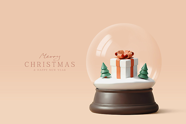식물 기념일 컬러 선물 장식 상자 3D 디지털합성 선물상자 나무 크리스마스 스노글로브 베이지색 편집이미지 편집3D 사람없음