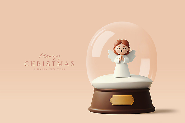 편집이미지 여자 크리스마스 천사 한명 성인 장식 3D 손모으기 스노글로브 베이지색 성인여자한명만 편집3D 1 기념일 컬러 사람 손짓 디지털합성 여자한명만 성인여자만