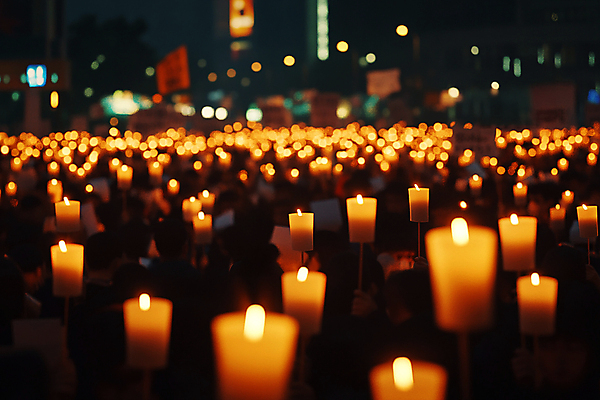 JPG 편집이미지 여자 남자 나라 촛불 들기 여러명 성인 빛 평화 야간 사회이슈 디지털합성 국민 시위 집회 촛불시위 성인만 편집실사 AI인물포토 AI콘텐츠 자연요소 다수 컨셉 초 모션 사람 CG 파일형식 AI포토