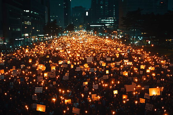 JPG 편집이미지 여자 남자 나라 촛불 들기 여러명 성인 건물 빛 평화 팻말 야간 사회이슈 디지털합성 국민 시위 집회 촛불시위 성인만 편집실사 AI인물포토 AI콘텐츠 자연요소 건축물 다수 컨셉 초 모션 프레임 사람 CG 파일형식 AI포토