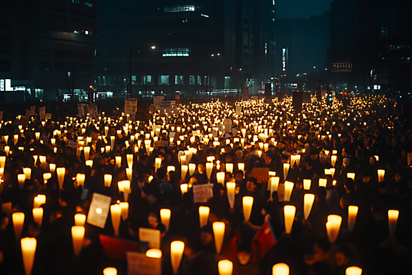 JPG 편집이미지 여자 남자 나라 촛불 들기 여러명 성인 건물 빛 평화 야간 사회이슈 디지털합성 국민 시위 집회 촛불시위 성인만 편집실사 AI인물포토 AI콘텐츠 자연요소 건축물 다수 컨셉 초 모션 사람 CG 파일형식 AI포토