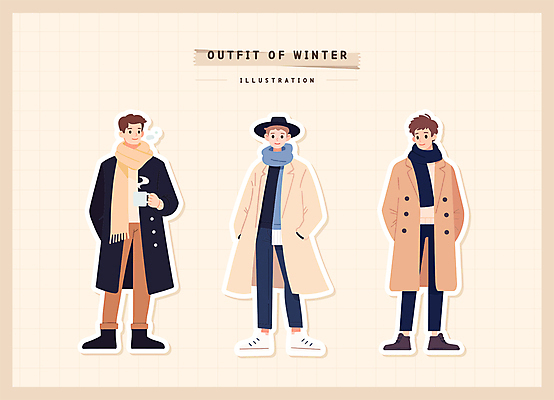 전신 옷 남자 스티커 겨울 일러스트 따뜻함 들기 성인 컵 세명 목도리 주머니손 코디 따뜻한음료 베이지색 엘리먼트 챙모자 성인남자만 일러캐릭터 AI파일 캐릭터 모자_잡화 식기 잡화 계절 패션 음료 컬러 모션 사람 남자만 성인만 파일형식 벡터