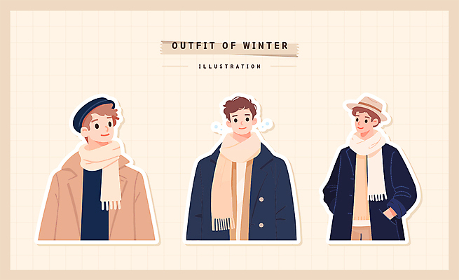 옷 남자 스티커 겨울 일러스트 따뜻함 상반신 성인 세명 목도리 코트 중절모 주머니손 코디 베이지색 엘리먼트 성인남자만 일러캐릭터 AI파일 캐릭터 모자_잡화 잡화 계절 패션 컬러 모션 사람 외투 남자만 성인만 파일형식 벡터