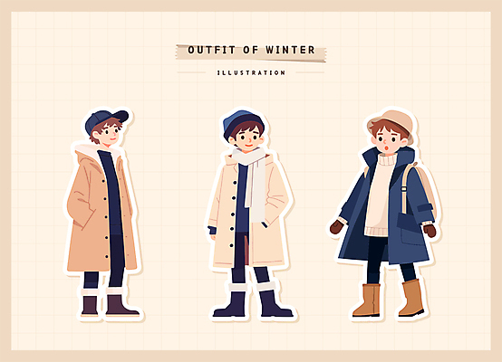 전신 모자 옷 남자 어린이 스티커 겨울 가방 일러스트 따뜻함 소년 세명 목도리 코트 주머니손 코디 베이지색 엘리먼트 소년만 일러캐릭터 AI파일 캐릭터 잡화 계절 패션 컬러 모션 사람 외투 남자만 어린이만 파일형식 벡터