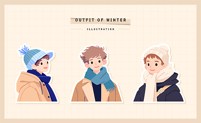 옷 남자 어린이 스티커 겨울 일러스트 털모자 따뜻함 미소 소년 상반신 세명 목도리 코트 코디 베이지색 엘리먼트 소년만 일러캐릭터 AI파일 캐릭터 모자_잡화 잡화 계절 패션 컬러 표정 사람 외투 남자만 어린이만 파일형식 벡터