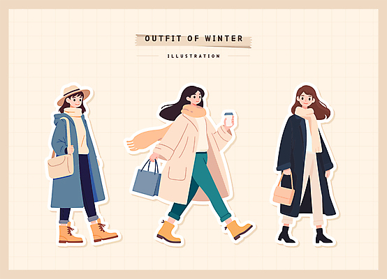 전신 옷 여자 스티커 겨울 가방 일러스트 따뜻함 들기 성인 세명 걷기 목도리 코트 코디 베이지색 엘리먼트 챙모자 테이크아웃컵 성인여자만 일러캐릭터 AI파일 캐릭터 모자_잡화 잡화 계절 패션 컬러 모션 사람 컵 외투 여자만 성인만 파일형식 벡터