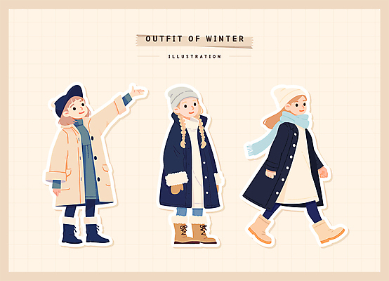 전신 옷 여자 어린이 스티커 겨울 일러스트 털모자 따뜻함 서기 소녀 세명 걷기 목도리 코트 코디 손뻗기 베이지색 엘리먼트 소녀만 일러캐릭터 AI파일 캐릭터 모자_잡화 잡화 계절 패션 컬러 모션 사람 외투 여자만 어린이만 파일형식 벡터