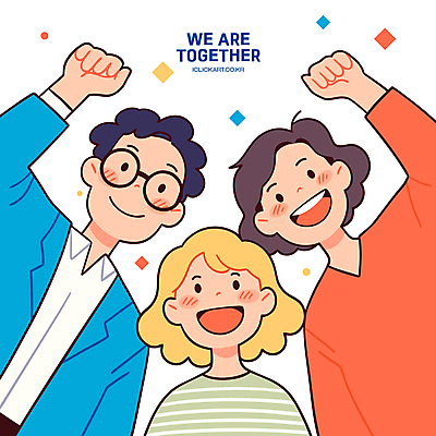 여자 남자 행복 일러스트 협력 함께함 미소 청년 성인 세명 친구 손들기 희망 우정 모임 에너지 그룹 동료 긍정 열정 화합 공동체 연대 성인만 국내일러스트 AI파일 감정 컨셉 관계 모션 표정 사람 파일형식 벡터