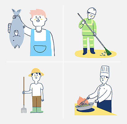 전신 남자 일러스트 불 직업캐릭터 요리사모자 어류 들기 여러명 성인 컬러풀 주방장 앞치마 프라이팬 안전모 어부 빗자루 밀짚모자 쟁기 환경미화원 성인남자만 청년농부 일러캐릭터 AI파일 자연요소 직업 캐릭터 모자_잡화 컬러 다수 모션 주방용품 사람 요리사 수중동물 농부 헬멧 안전장비 청소도구 남자만 성인만 파일형식 벡터