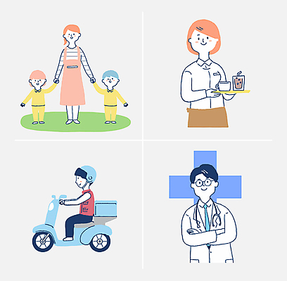 전신 여자 교육 남자 어린이 일러스트 직업캐릭터 들기 소녀 소년 여러명 성인 컬러풀 팔짱 손잡기 앞치마 유치원생 카페 의사 오토바이 배달원 승차 서빙 유치원선생님 아르바이트 일러캐릭터 AI파일 직업 캐릭터 컬러 다수 모션 사람 상점 바이크 교사 의료진 파일형식 벡터