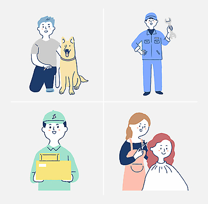 전신 여자 남자 일러스트 직업캐릭터 여러명 성인 컬러풀 스패너 개 택배기사 미용사 고객 정비공 택배상자 동물조련사 성인만 일러캐릭터 AI파일 직업 캐릭터 컬러 다수 포유류 사람 상자 공구 기술자 배달원 택배 파일형식 벡터