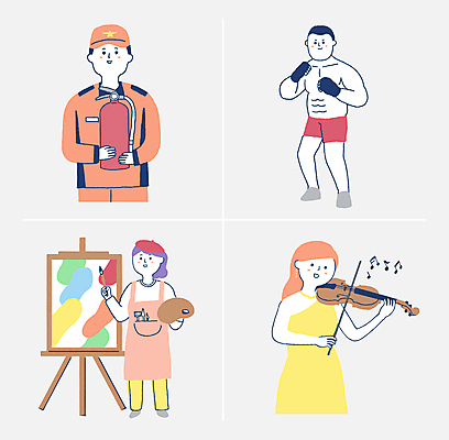 전신 여자 남자 음표 일러스트 직업캐릭터 여러명 성인 컬러풀 운동 앞치마 권투 붓 팔레트 소방관 바이올린 이젤 화가 소화기 바이올리니스트 화가모자 성인만 일러캐릭터 AI파일 직업 캐릭터 모자_잡화 기호 음악 컬러 다수 현악기 건강 사람 격투기 미술도구 연주자 안전장비 구조원 소방 파일형식 벡터
