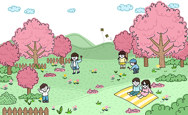 전신 PSD 구름 공원 여자 남자 꽃 어린이 분홍색 나비 일러스트 서기 들기 앉기 소녀 소년 잔디 여러명 성인 초록색 울타리 선글라스 손들기 벚나무 언덕 돗자리 웅크림 캡모자 국내일러스트 자연요소 나무 식물 모자_잡화 공공시설 안경 컬러 다수 곤충 모션 사람 담장 벚꽃 파일형식