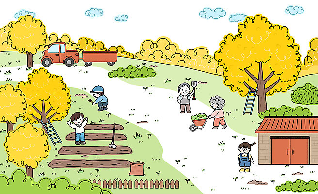 전신 PSD 구름 여자 노년 남자 어린이 밭 일러스트 사다리 주택 서기 들기 소녀 소년 잔디 여러명 성인 초록색 울타리 농장 노란색 수레 트럭 밀기 삽 웅크림 산수유나무 캡모자 국내일러스트 자연요소 나무 식물 모자_잡화 컬러 다수 농업 모션 자동차 사람 건물 담장 카트 도구 파일형식