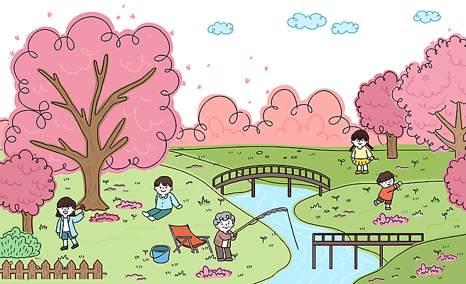 전신 PSD 구름 여자 노년 남자 꽃잎 어린이 분홍색 의자 일러스트 낚시 서기 들기 앉기 소녀 소년 여러명 성인 초록색 울타리 강 벚나무 양동이 가교 국내일러스트 자연요소 나무 건축물 꽃 컬러 가구 다수 모션 레저 사람 담장 벚꽃 파일형식