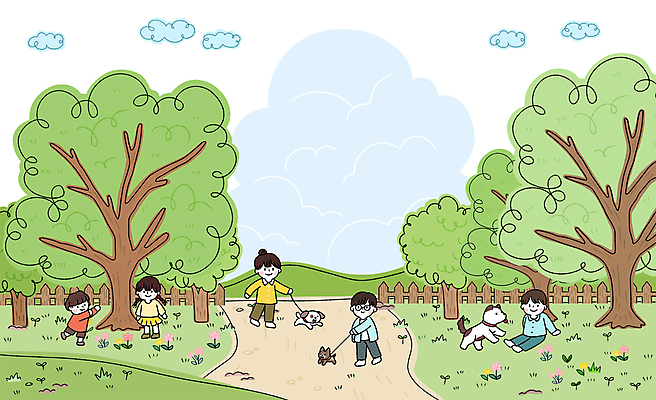 전신 PSD 나무 구름 여자 남자 꽃 어린이 일러스트 서기 앉기 소녀 소년 여러명 성인 초록색 울타리 산책 잡기 강아지 목줄 숨바꼭질 안경낌 국내일러스트 자연요소 식물 안경 컬러 다수 모션 휴식 사람 담장 반려동물 개 파일형식 반려용품