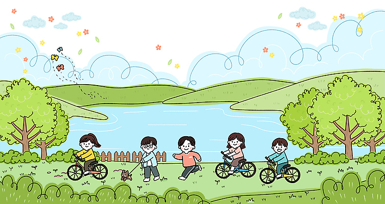 전신 PSD 나무 구름 여자 남자 꽃 호수 어린이 일러스트 소년 여러명 성인 초록색 울타리 달리기 걷기 자전거 산책 잡기 강아지 언덕 목줄 안경낌 국내일러스트 자연요소 식물 안경 컬러 다수 모션 휴식 사람 담장 반려동물 바이크 개 파일형식 반려용품