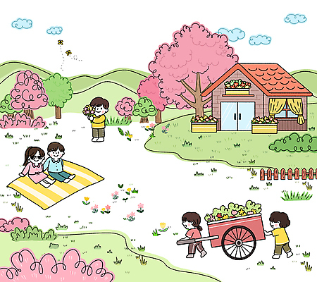 전신 PSD 구름 여자 남자 어린이 분홍색 꽃다발 나비 일러스트 앉기 소녀 소년 잔디 여러명 성인 초록색 울타리 선글라스 걷기 수레 벚꽃 밀기 꽃집 언덕 돗자리 수레끌기 국내일러스트 자연요소 식물 꽃 안경 컬러 다수 곤충 모션 사람 담장 상점 카트 당기기 파일형식