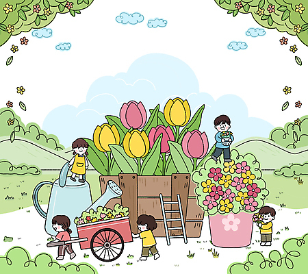 전신 PSD 구름 여자 남자 화분 어린이 분홍색 꽃다발 일러스트 사다리 주전자 산 서기 들기 소녀 소년 잔디 여러명 성인 초록색 수레 밀기 꽃바구니 수레끌기 국내일러스트 자연요소 식물 꽃 컬러 다수 모션 주방용품 사람 바구니 카트 도구 당기기 파일형식