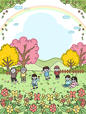 전신 PSD 나무 구름 여자 노년 남자 꽃 어린이 분홍색 허리손 무지개 일러스트 산 서기 들기 앉기 소녀 소년 여러명 성인 초록색 울타리 선글라스 노란색 손들기 만세 뒷짐 캡모자 국내일러스트 자연요소 식물 모자_잡화 안경 컬러 포즈 다수 모션 사람 담장 파일형식