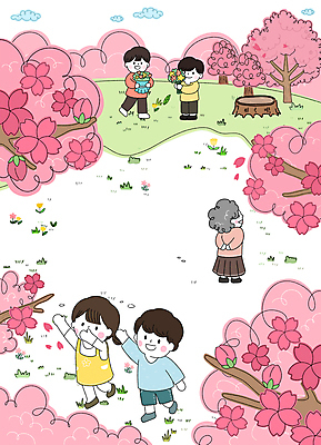 전신 PSD 구름 여자 노년 남자 어린이 분홍색 꽃다발 일러스트 서기 들기 소녀 소년 잔디 여러명 성인 벚나무 뒷짐 통나무 손뻗기 국내일러스트 자연요소 나무 식물 꽃 컬러 다수 모션 사람 벚꽃 파일형식