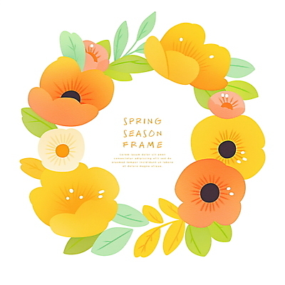 PSD 잎 일러스트 사람없음 노란색 화환 봄 원형프레임 리스장식 카피스페이스 국내일러스트 식물 계절 꽃 컬러 프레임 장식 공백 원형 파일형식