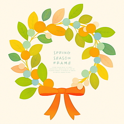 PSD 열매 리본 잎 일러스트 사람없음 초록색 주황색 화환 봄 원형프레임 리스장식 카피스페이스 국내일러스트 식물 계절 꽃 컬러 프레임 장식 공백 원형 파일형식