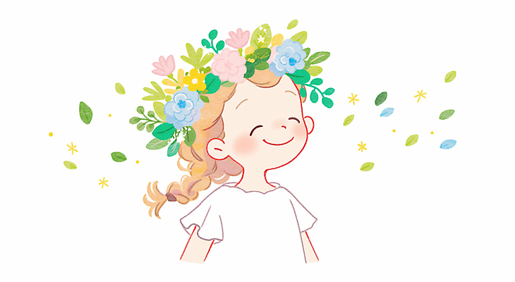 JPG 여자 어린이 잎 일러스트 자연 바람 한명 미소 소녀 상반신 평화 귀여움 눈감음 화관 봄 순수 소녀한명만 국내일러스트 AI일러스트 AI콘텐츠 자연요소 식물 1 계절 꽃 컨셉 모션 날씨 표정 사람 생태계 여자한명만 소녀만 파일형식