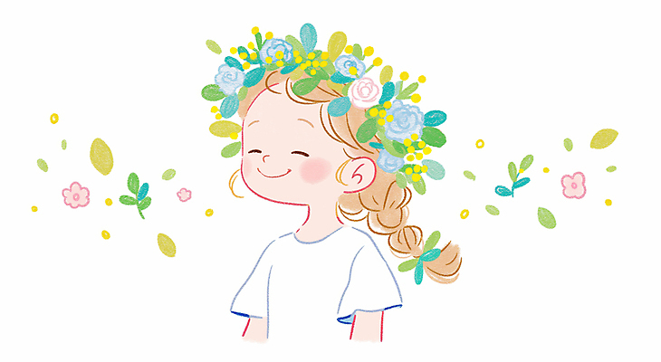 JPG 여자 어린이 잎 일러스트 자연 바람 한명 미소 소녀 상반신 평화 귀여움 눈감음 화관 봄 순수 소녀한명만 국내일러스트 AI일러스트 AI콘텐츠 자연요소 식물 1 계절 꽃 컨셉 모션 날씨 표정 사람 생태계 여자한명만 소녀만 파일형식