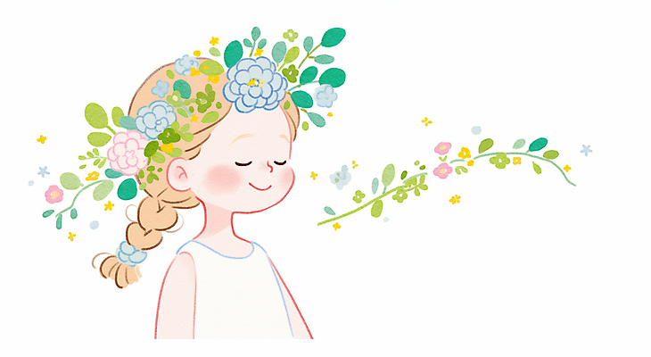JPG 여자 어린이 잎 일러스트 자연 바람 한명 미소 소녀 상반신 평화 귀여움 눈감음 화관 봄 순수 소녀한명만 국내일러스트 AI일러스트 AI콘텐츠 자연요소 식물 1 계절 꽃 컨셉 모션 날씨 표정 사람 생태계 여자한명만 소녀만 파일형식