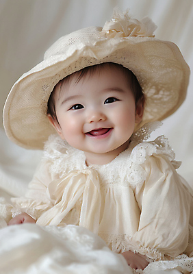 JPG 편집이미지 모자 여자 리본 사랑 한명 미소 웃음 귀여움 이불 아기 프릴 아이보리 의료성형뷰티 여자아기한명만 편집실사 AI인물포토 AI콘텐츠 1 잡화 감정 컬러 컨셉 침구 표정 사람 장식 CG 여자한명만 여자아기만 파일형식 AI포토