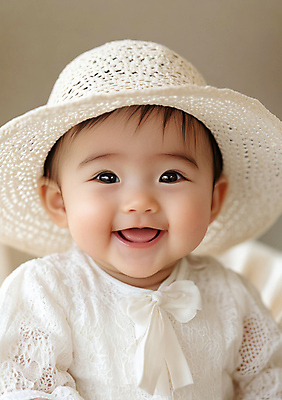 JPG 편집이미지 모자 여자 리본 사랑 한명 미소 웃음 귀여움 아기 베이지색 의료성형뷰티 여자아기한명만 편집실사 AI인물포토 AI콘텐츠 1 잡화 감정 컬러 컨셉 표정 사람 CG 여자한명만 여자아기만 파일형식 AI포토