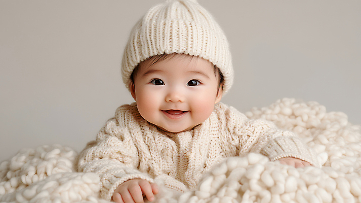 JPG 편집이미지 여자 사랑 한명 미소 웃음 상반신 귀여움 이불 아기 니트 비니 아이보리 의료성형뷰티 여자아기한명만 편집실사 AI인물포토 AI콘텐츠 모자_잡화 1 감정 컬러 컨셉 상의 침구 표정 사람 CG 여자한명만 여자아기만 파일형식 AI포토