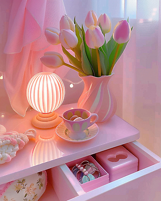 JPG 편집이미지 분홍색 사람없음 빛 인테리어 반사 꽃병 봄 튤립 커튼 커피잔 오브젝트 서랍장 무드등 아기자기 편집실사 AI포토 AI콘텐츠 디자인 계절 꽃 커피 컬러 가구 컨셉 조명 잔 CG 파일형식