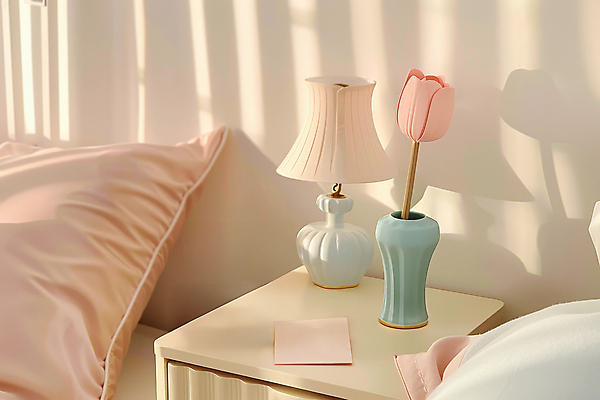 JPG 편집이미지 분홍색 베개 그림자 사람없음 인테리어 꽃병 봄 튤립 스탠드 오브젝트 서랍장 아기자기 편집실사 AI포토 AI콘텐츠 디자인 계절 꽃 컬러 가구 컨셉 침구 조명 CG 파일형식