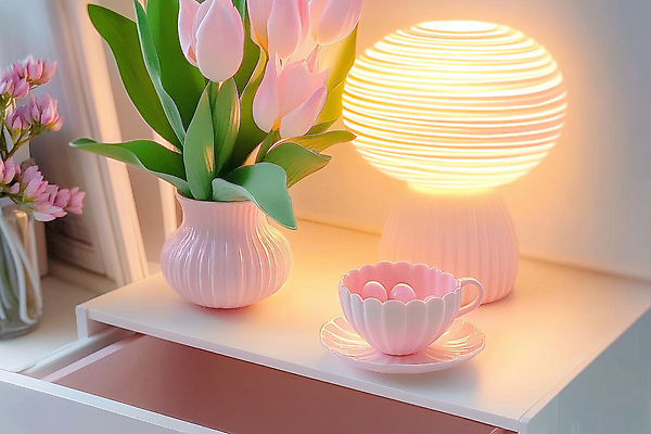 JPG 편집이미지 분홍색 사람없음 빛 인테리어 꽃병 봄 튤립 커피잔 오브젝트 서랍장 무드등 아기자기 편집실사 AI포토 AI콘텐츠 디자인 계절 꽃 커피 컬러 가구 컨셉 조명 잔 CG 파일형식