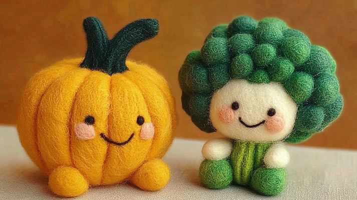 JPG 편집이미지 인형 채소 요정 미소 앉기 사람없음 브로콜리 단호박 편식 편집실사 양모펠트 AI포토 AI콘텐츠 모션 호박 표정 CG 양모 식생활 펠트 파일형식